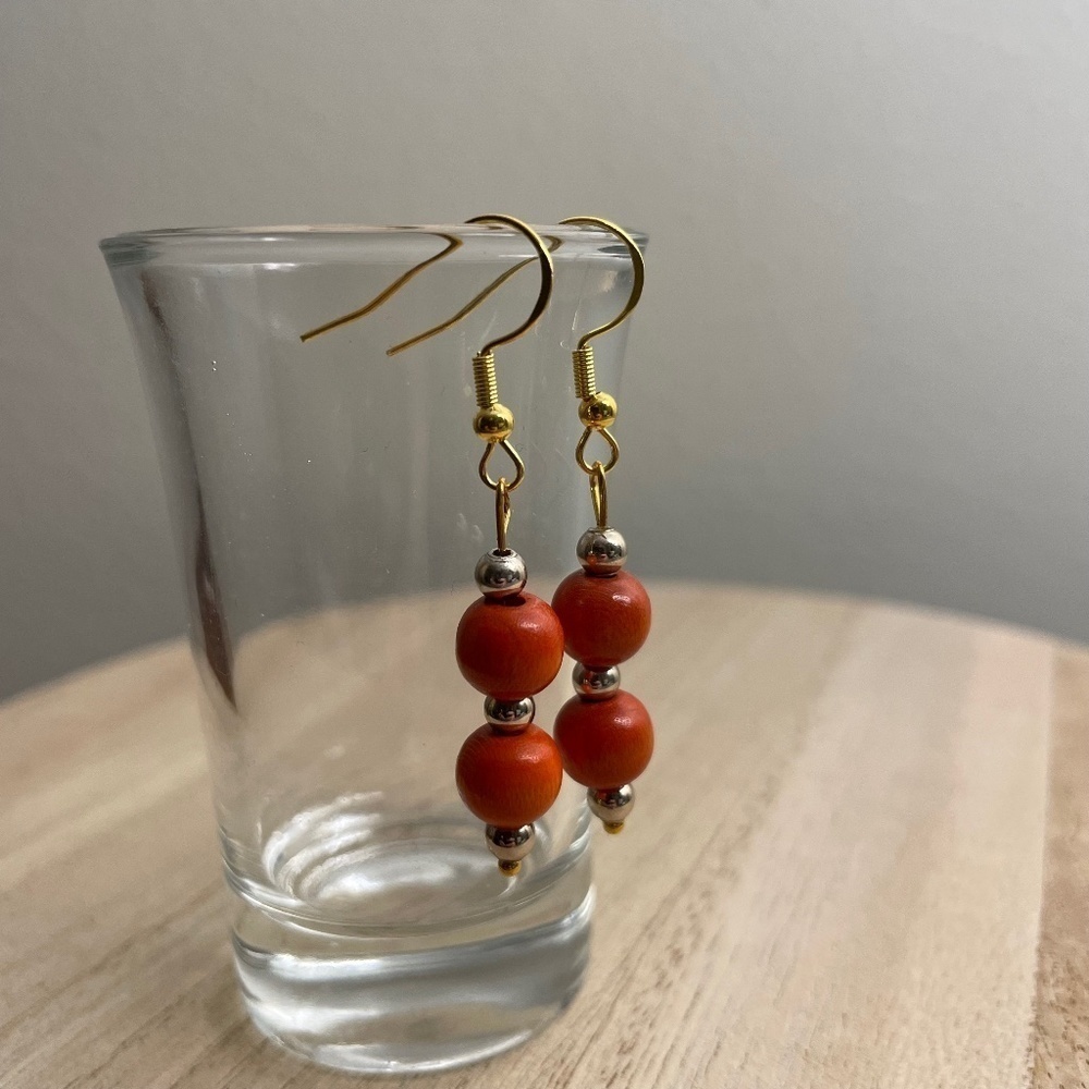 Orange Wood Beaded Earrings
